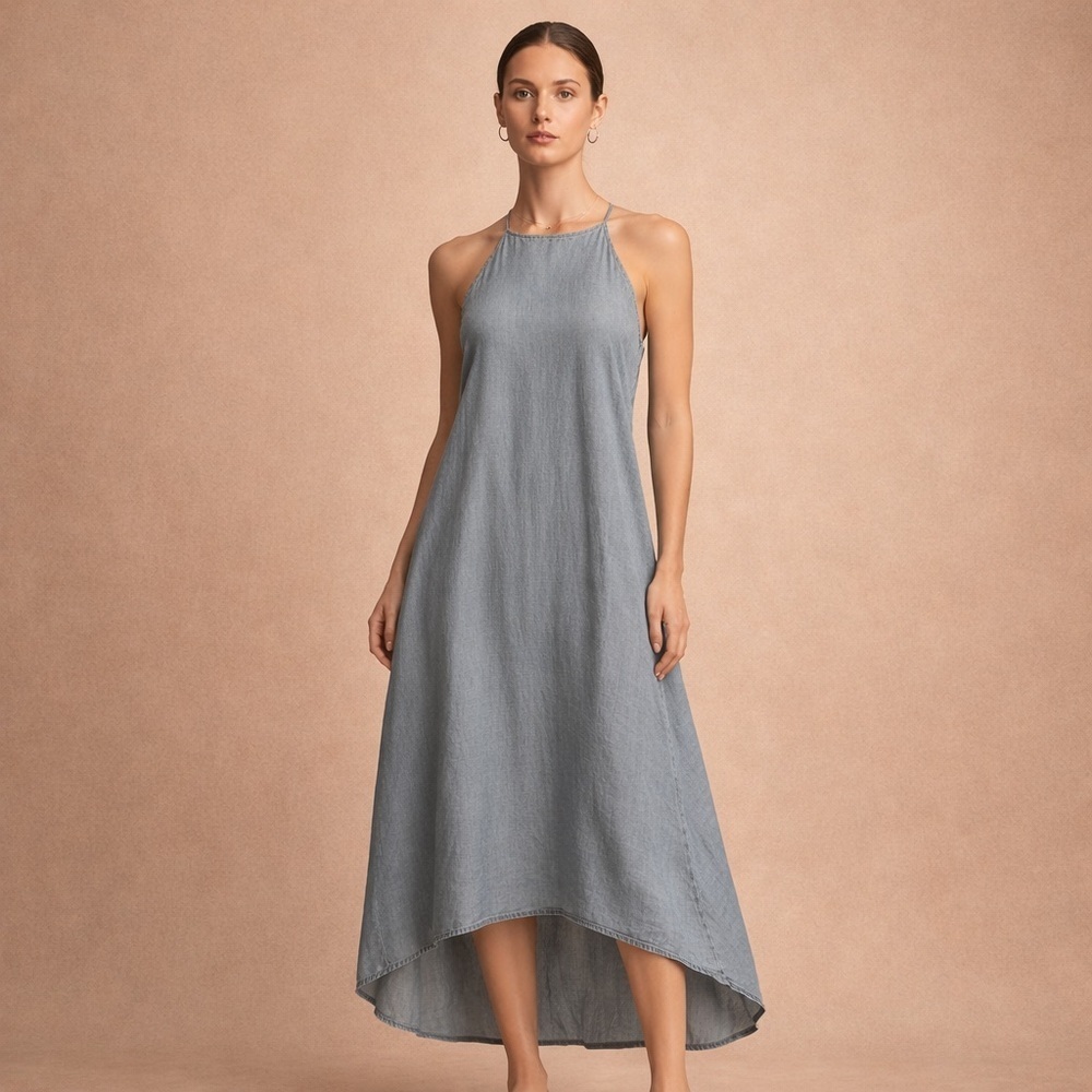 Chambray Swing Tank Dress Blue Boho Casual Mini Size M